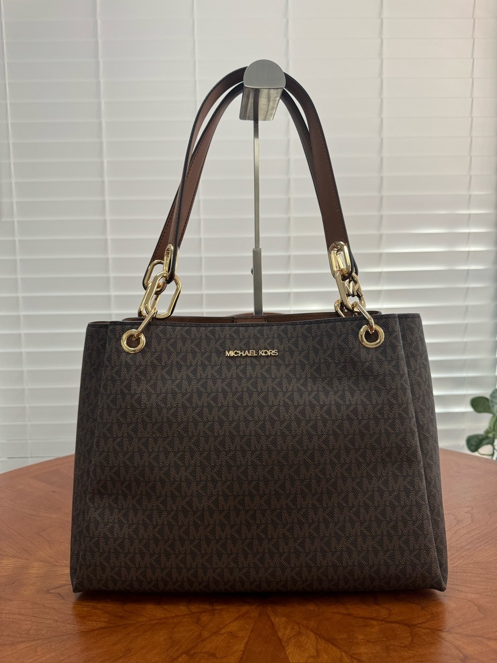Michael Kors Brown MK Logo Shoulder Bag with Gold Hardware